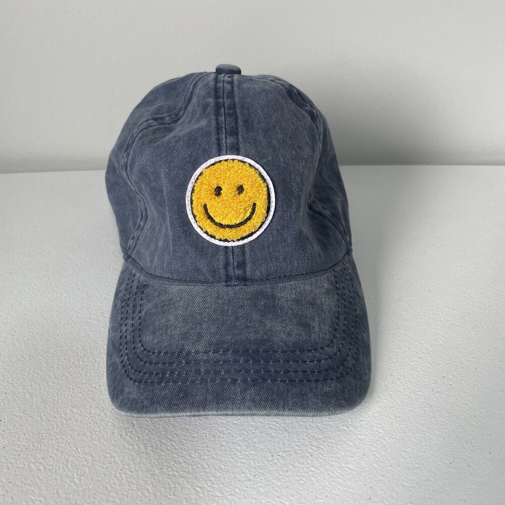 David and Young Distressed Smiley Face Graphic Hat Cap Blue Cotton One Size - Picture 3 of 7